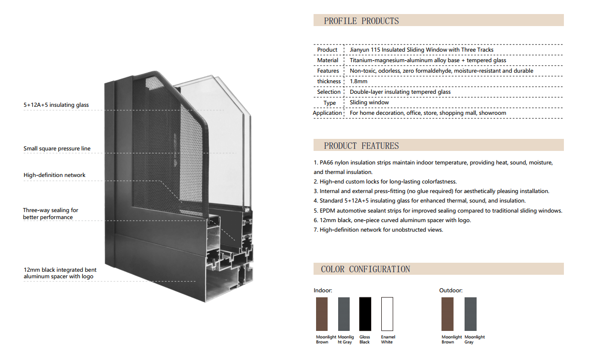 نافذة منزلقة ثلاثية المسارات من طراز Jian Yun 115 للجسر المكسور