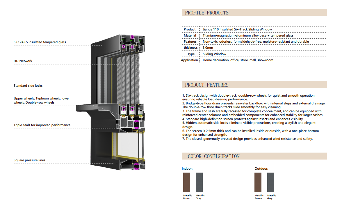 نافذة منزلقة بستة مسارات من طراز Jian Ge 110 Broken Bridge